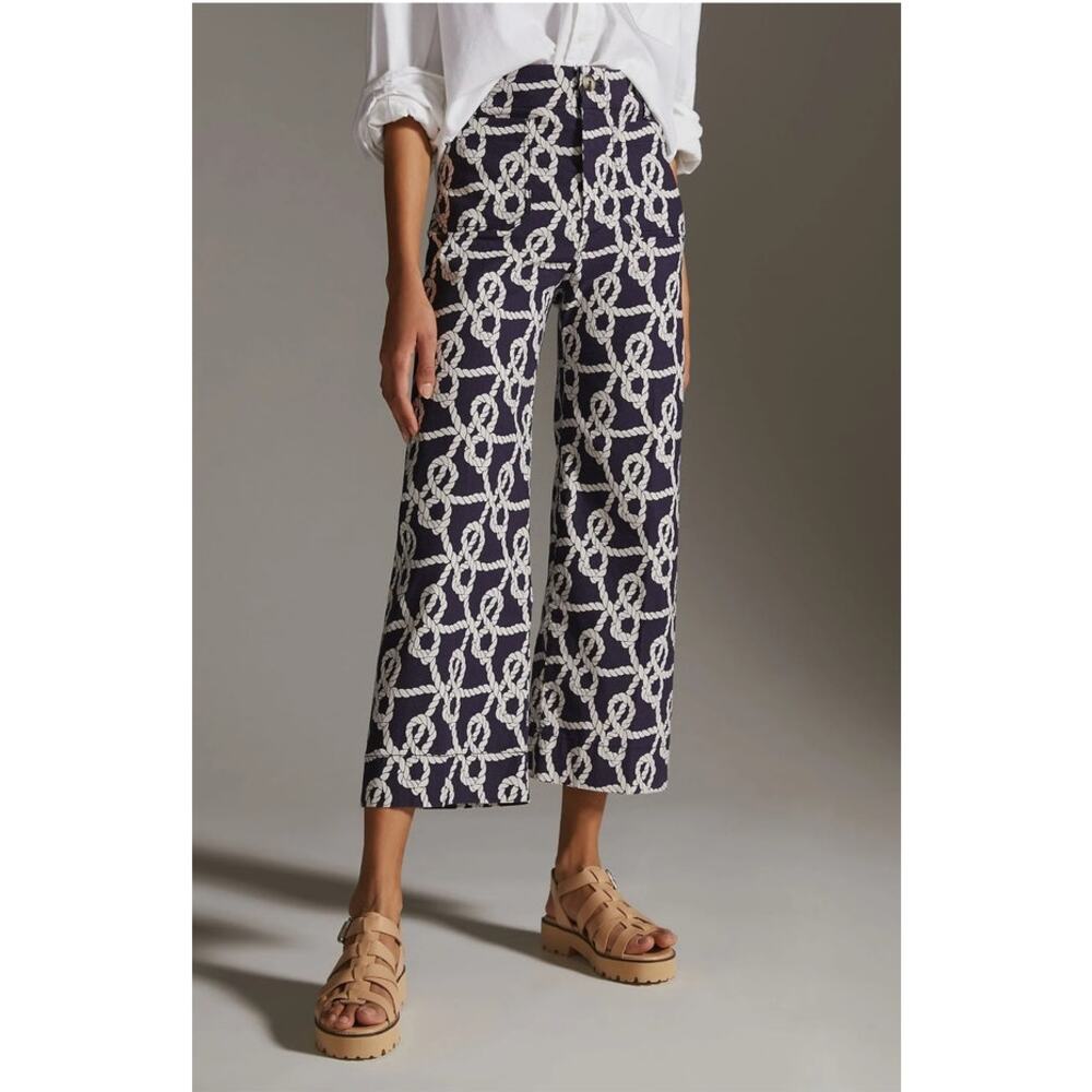 Anthropologie Maeve The Colette 30 Cropped Wide Leg Pants Nautical Rope Print